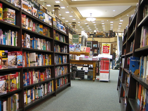 A nice view down the aisle of a local bookstore.