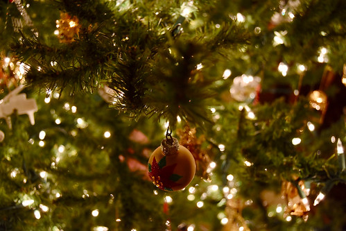 Ornaments hanging on a lit Christmas Tree.