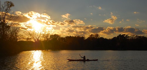A single kayak cutting across one of the lakes around Cedar Park, TX at sunset.