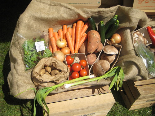 A collection of organic produce sitting on a burlap sack