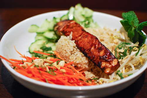 A beautifully plated grilled salmon rice bowl