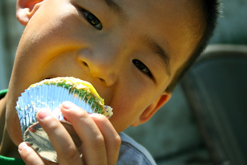 A young boy enjoying a tasty cupcake.