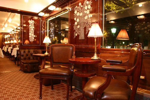The beautifully restored inside of a Pullman car patterned from the Orient Express.