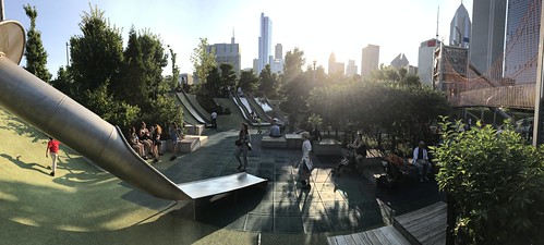A play space with several slides in Maggie Daley Park in Chicago, IL.