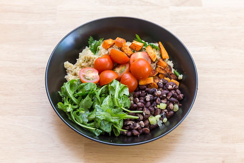 A tasty and healthy salad filled with beans, and sweet potato