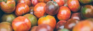 A close-up of a bin full of fresh heirloom tomatoes.