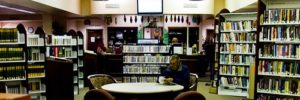 A view of the inside of a local library with a man reading at one of the tables.
