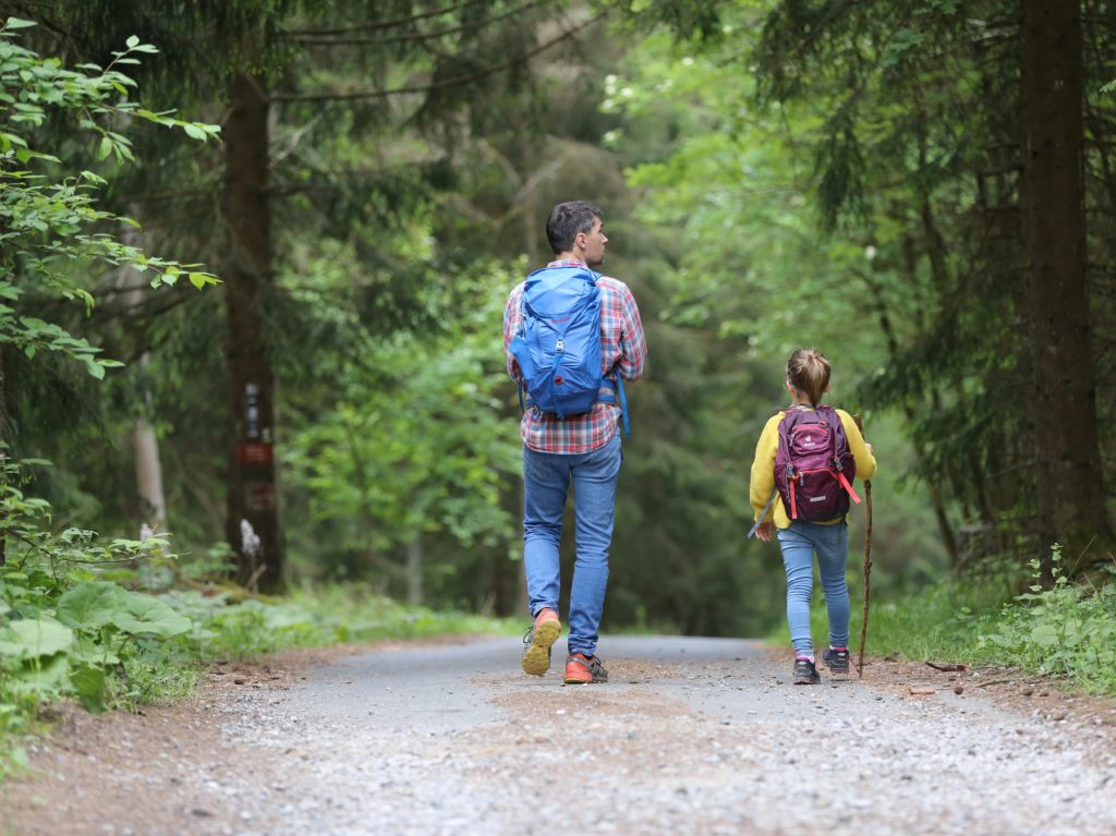 A father and daughter walking down a forest trail.