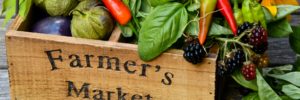 Ripe fruits and vegetables sit in a box at a farmers market in Gilbert, Arizona