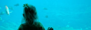A young girl stands by glass looking at fish at aquarium near Buckhead, GA