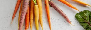 Fresh carrots from a CSA box in South Barrington, IL lay on the counter