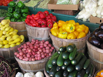 Baskets of fresh vegetables at the farmers market in Carmel, Indiana
