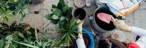 A young daughter and mother plant in their garden in Alpharetta, GA