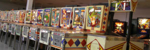 A row of pinball machines at the Pinball Hall of Fame in Las Vegas, NV