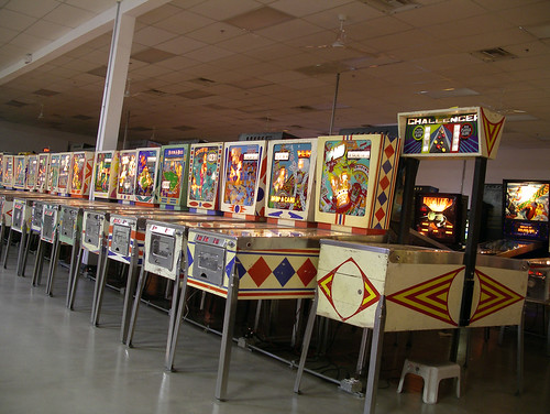 A row of pinball machines at the Pinball Hall of Fame in Las Vegas, NV