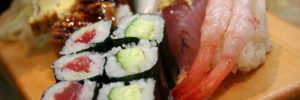 Sushi on a wooden board at an ethnic restaurant in Coppell, Texas