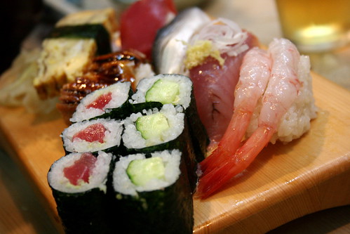 Sushi on a wooden board at an ethnic restaurant in Coppell, Texas