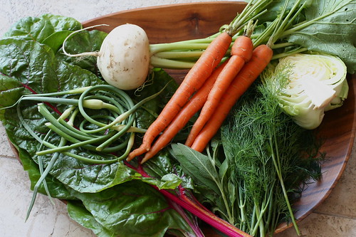 Carrots, onions, and more vegetables from a CSA box in Las Vegas, Nevada