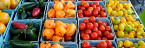 Baskets of vegetables at a farmers market in East Cobb, Georgia