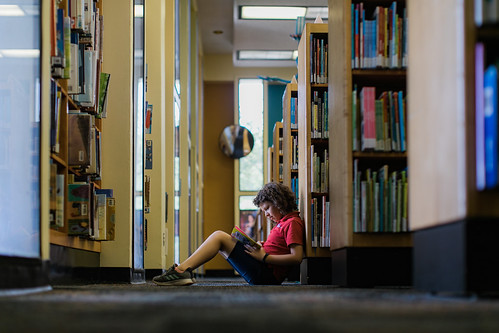 A child leans against a book shelf while reading at the Schaumburg library on a gray day in South Barrington, Illinois