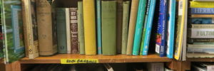 Books rest on a shelf at a bookstore in South Barrington, Illinois