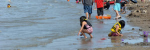 Kids play at the beach at a campground in Las Vegas, Nevada