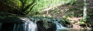 A waterfall flows into a river at one of the best hiking spots in Alpharetta, Georgia