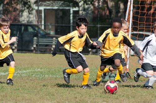 Image of a kids soccer team kicking a ball around.