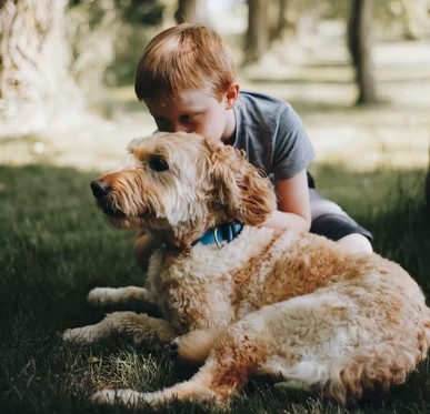 A boy kissing his dogs head while laying in the grass.
