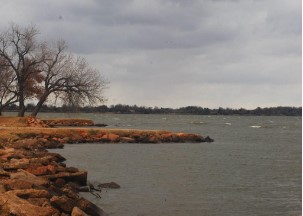 Scenic shoreline view of a lake in Oklahoma.