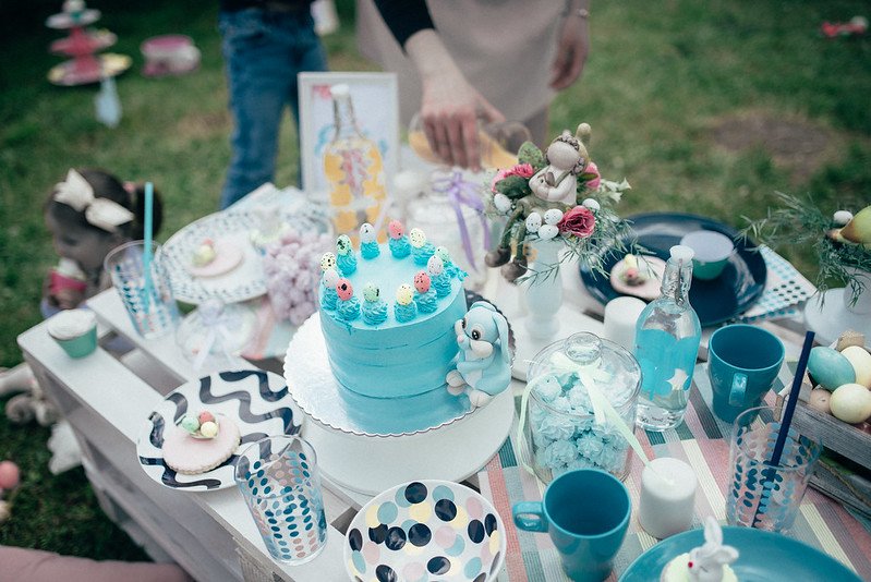 A child's party in a park with a blue cake in The Woodlands, TX