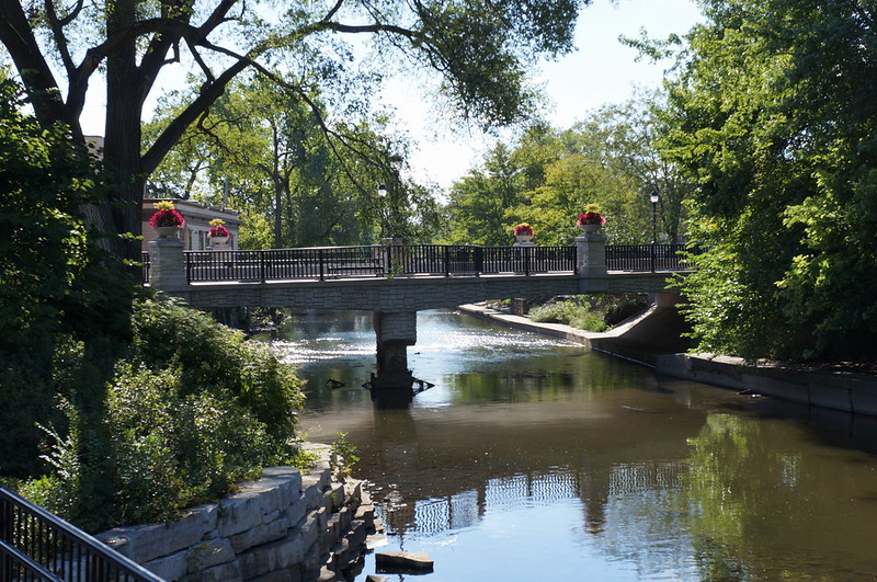 A bridge over a lagoon in a park in Warrenville, IL