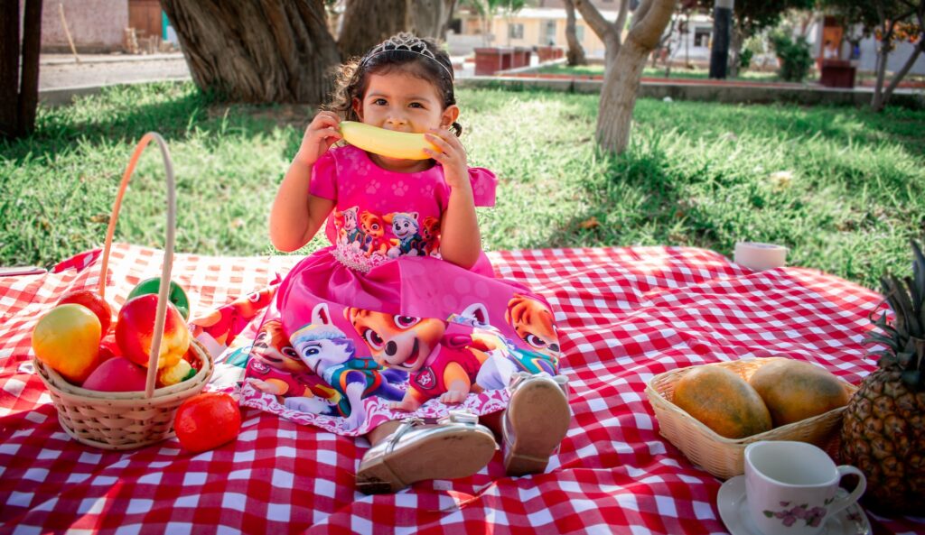 A small girl sitting on a blanket in the park at a picnic in Cedar Park, TX