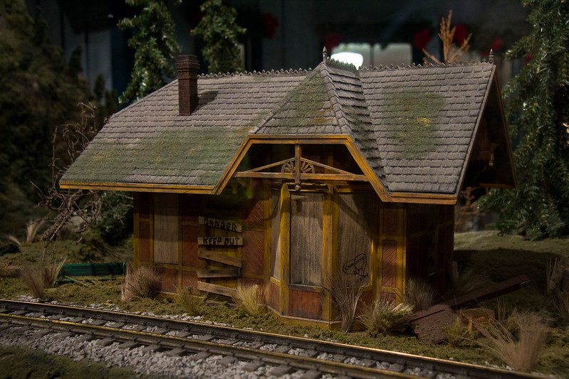 A miniature train depot near tracks at EnterTRAINment Junction in West Chester, OH