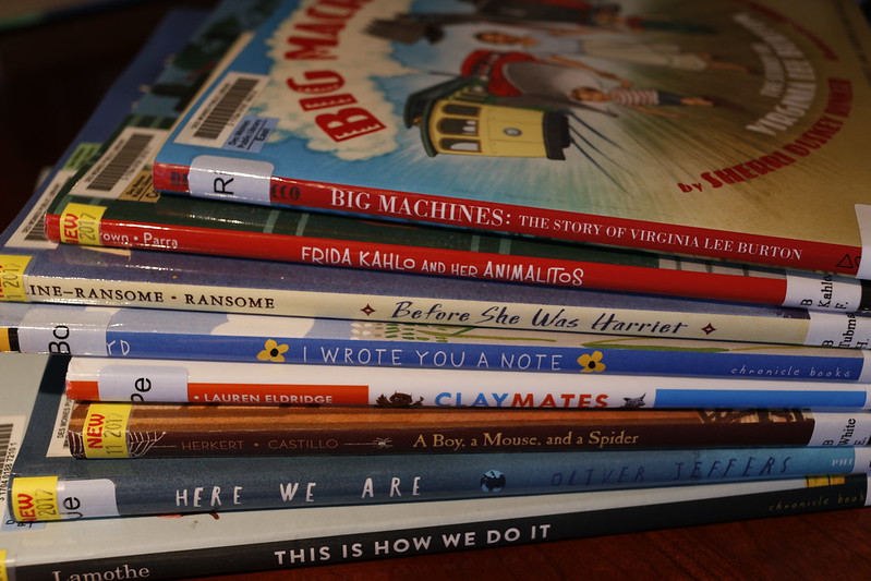 A stack of children's books at a local library in Alpharetta, GA