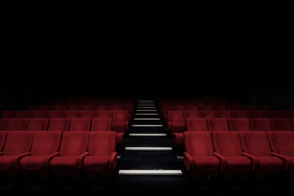 Rows of seats in an empty theater in Coppell, TX