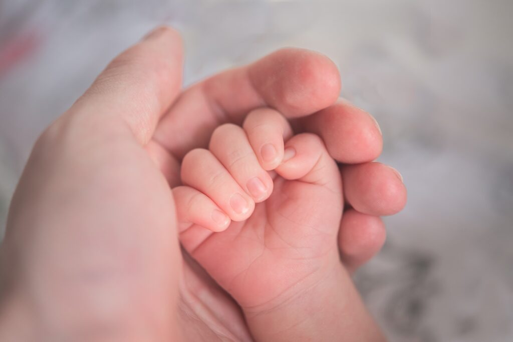 A child's hand in a parents hand.