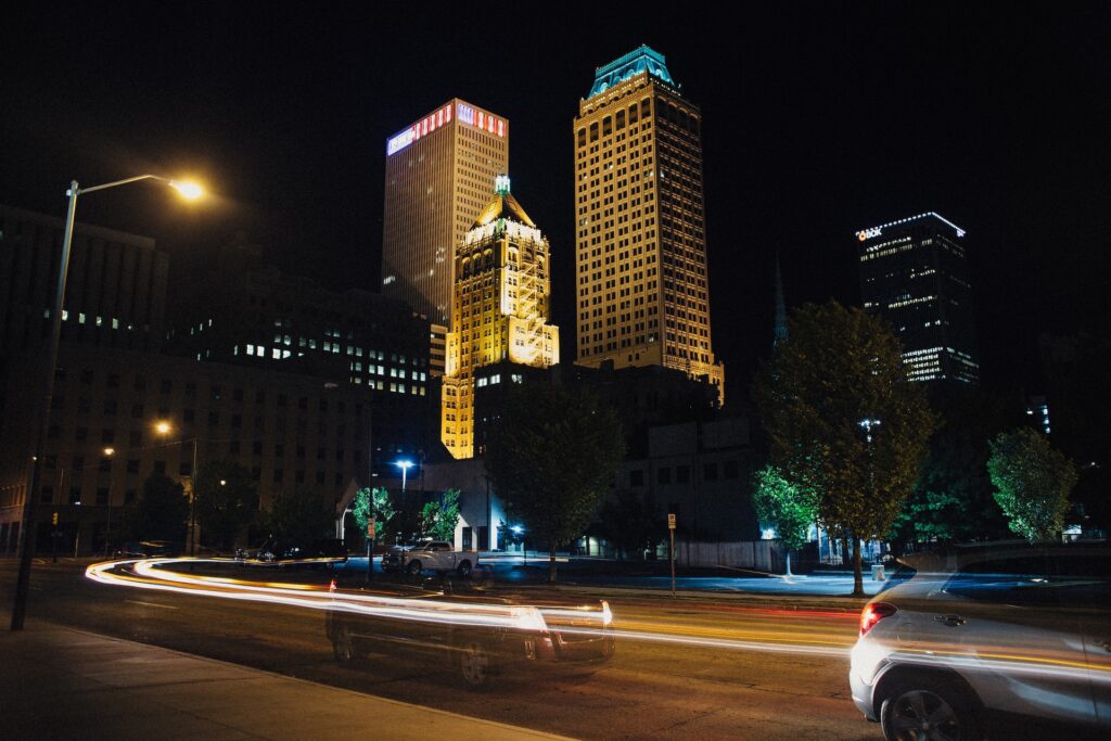 The Tulsa skyline at night.