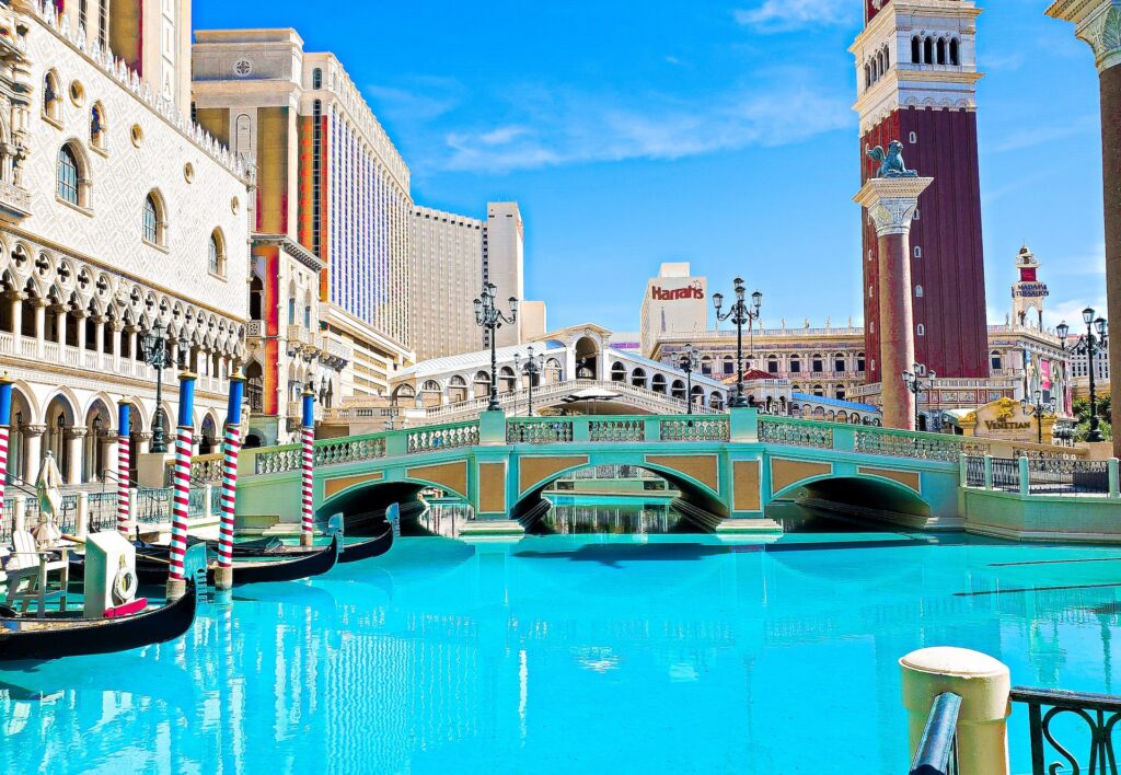 A canal in front of the Venetian in Las Vegas, NV