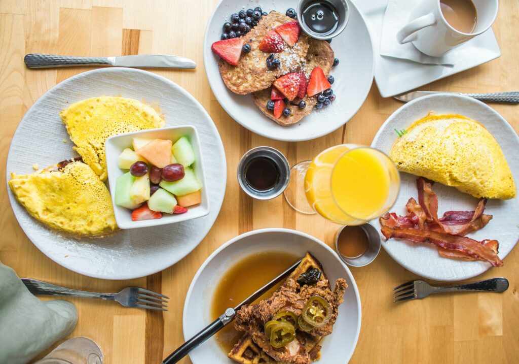 A delicious looking array of breakfast dishes at a restaurant in Marietta, GA