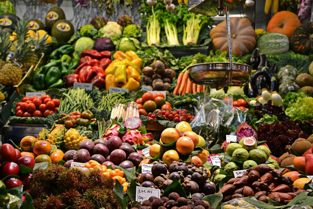 A wide variety of fruits and vegetables at a farmers market in Mesa, AZ
