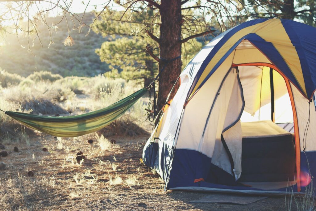 A tent and a hammock at a campground in Fishers, IN