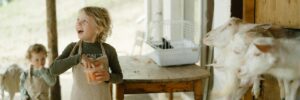 A Girl in Beige Apron Feeding White Goats